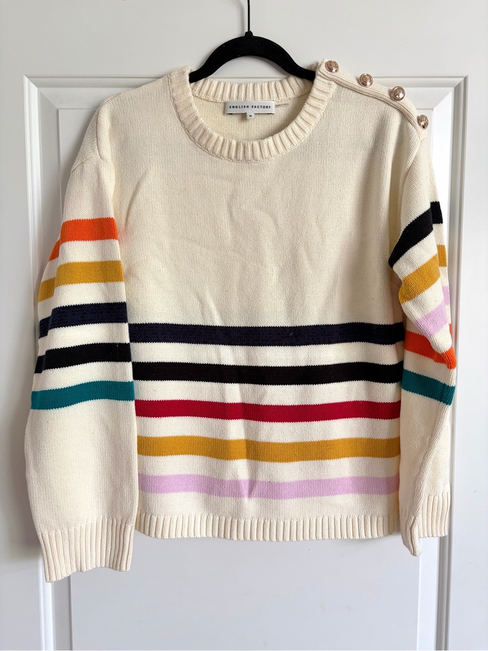 English Factory Cream Crewneck Sweater with Multicolor Stripes